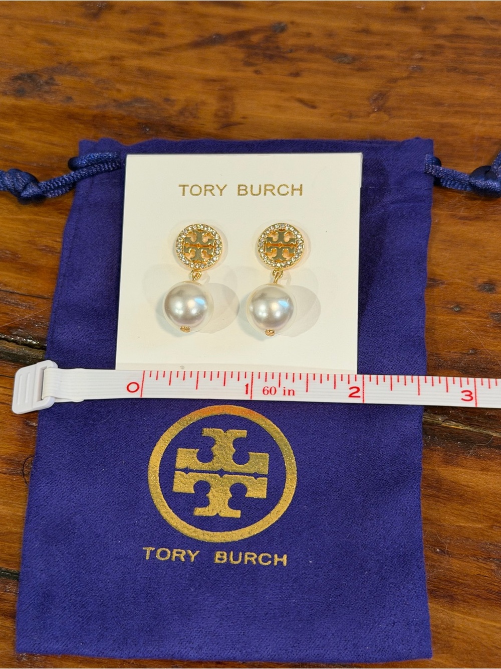 Tory Burch Gold Logo Pearl Drop Earrings with Dust Bag NWT - Picture 4 of 5